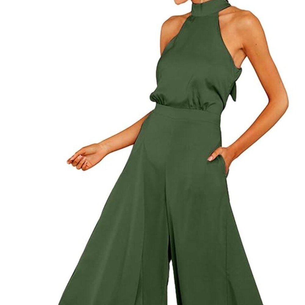 Womens Sleeveless Halter Tied Jumpsuit with Pockets High Waist Wide Leg